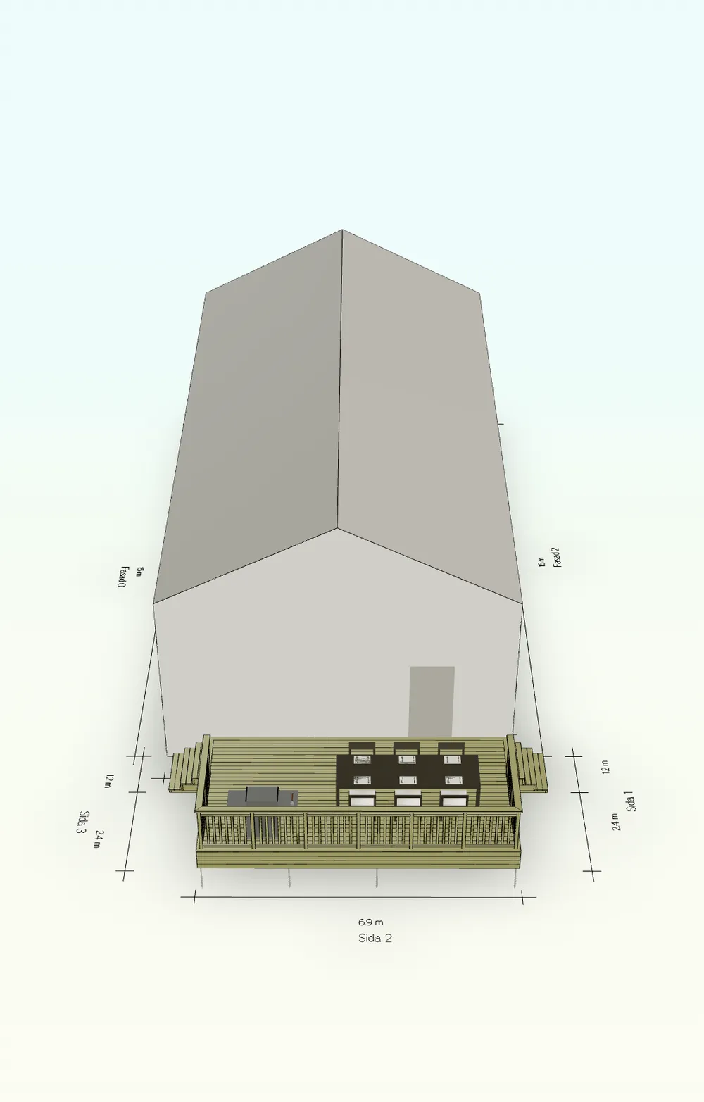 3D-visualisering uppifrån av ett hus med tillbyggd träaltan och utemöbler, med måttangivelser för projektering.