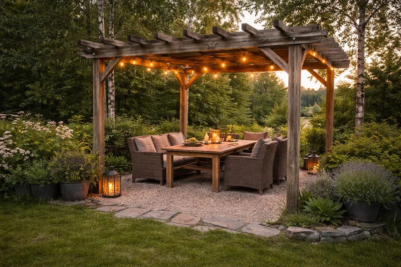 Rustik träpergola med varm stringbelysning över en utemöbelgrupp, omgiven av frodig trädgårdsväxtlighet i solnedgång.