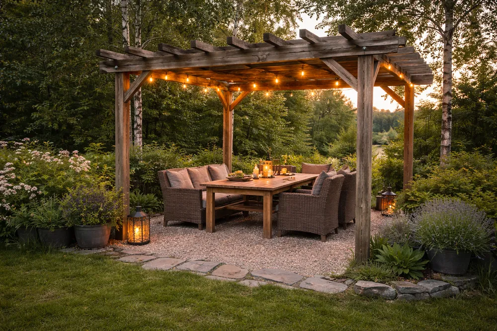 Rustik träpergola med varm stringbelysning över en utemöbelgrupp, omgiven av frodig trädgårdsväxtlighet i solnedgång.