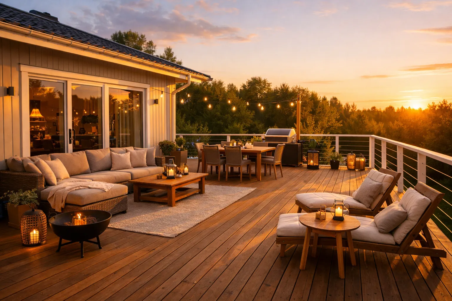 Lyxig träaltan i solnedgång med utemöbler, soffgrupp, matbord, stringbelysning och lyktor intill ett modernt vitt hus.